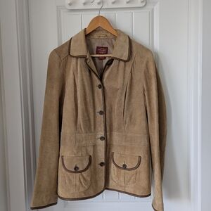 Eddie Bauer Tan Suede Button-Front Jacket with Contrast Trim